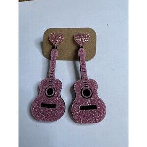 Womens Pink Glitter Guitar Music Earrings Dangle NWT lot of 9